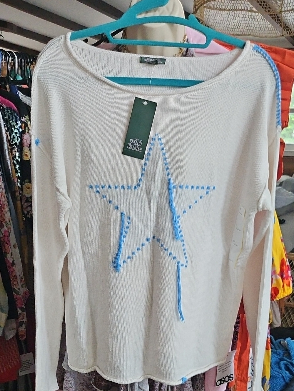NWT Wild Fable Cream Knit Sweater with Light Blue Star